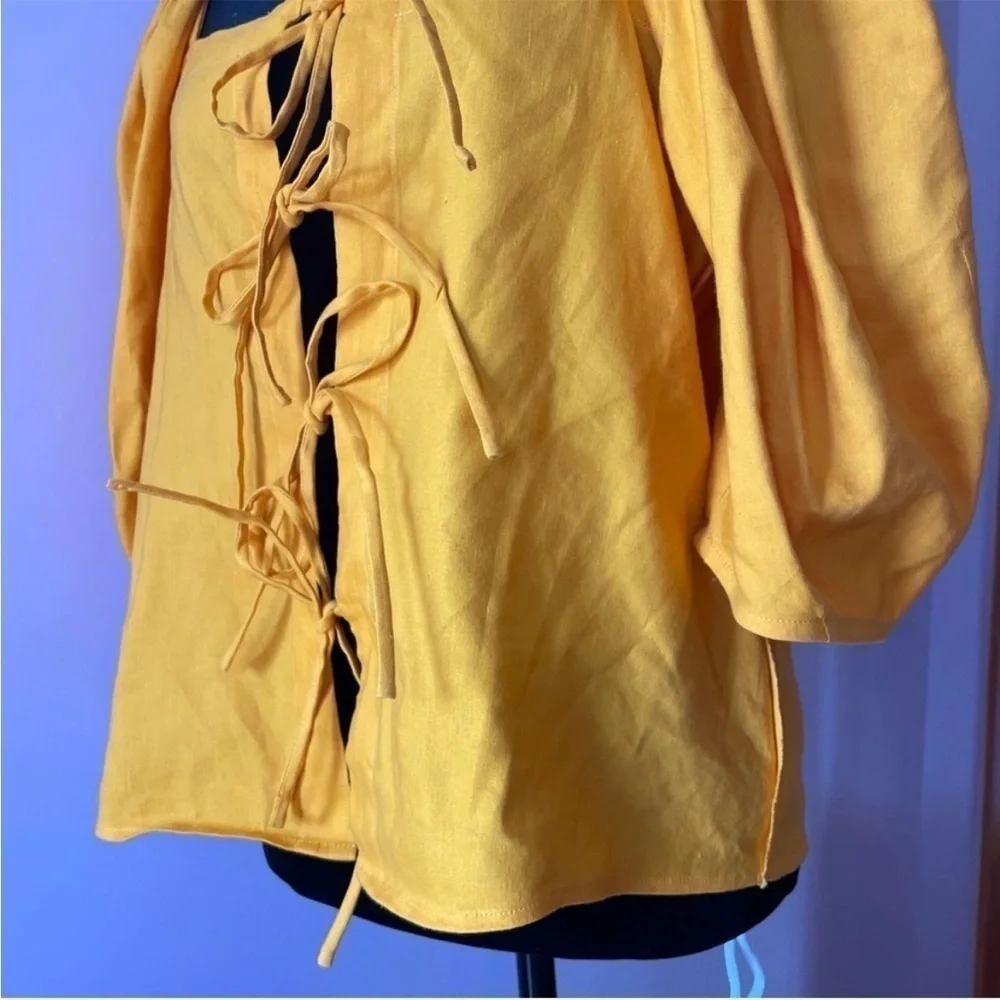 Cult Gaia- Orange Open Aurel Stretch Linen Front-Tie Puff-Sleeve Top Size Small